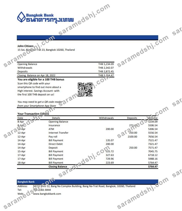 Thailand Bangkok bank statement, Excel and PDF template
